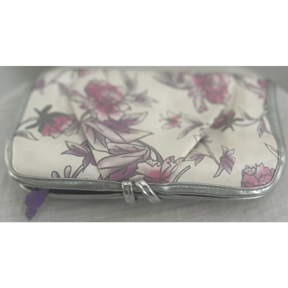 Vintage New Anna Sui Pouch Makeup Bag Case 9”x5” Floral Multi Compartment Purple